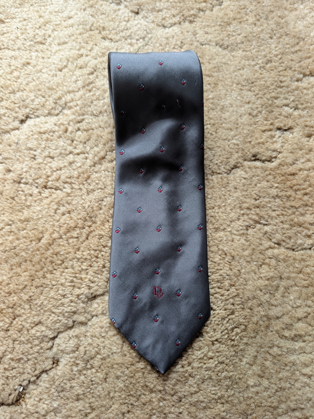 Vintage Christian Dior Monsieur Silk Tie Gray Geometric Diamond Red Blue 3.75"